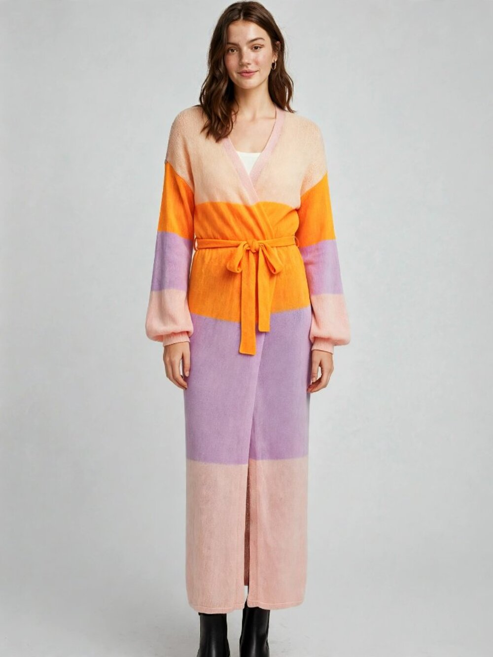 STORIA Color Block Belted Ankle Length Cardigan Duster NWT